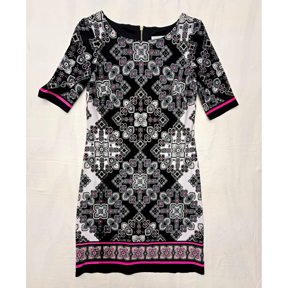 Eliza J Shift Dress Geometric Knit Lined Zip 3/4 Sleeve Petite 0P